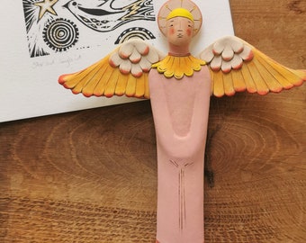 Ceramic Angel-male Angel figurine-ceramic wall piece-angel wall art- pink angel