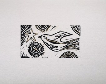 Star and Song bird original lino print in gold coloured metal leaf no.7