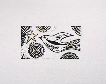 Star and Song bird original lino print in gold coloured metal leaf no.3