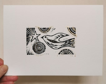 Star and Song bird original lino print in gold coloured metal leaf no.4