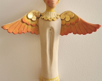 Ceramic Angel-archangel figurine-ceramic wall piece-angel wall art-pastel peach and orange