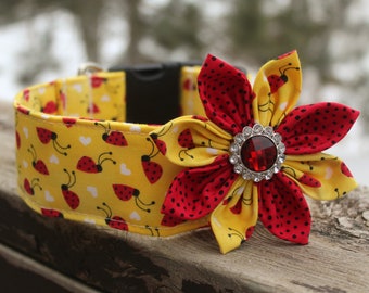 Ladybug Dog Collar, Yellow Dog Collar, Summer Dog Collar, Red Dog Collar, Heart Dog Collar, Bug Dog collar, Girl Dog collar, Collar Flower