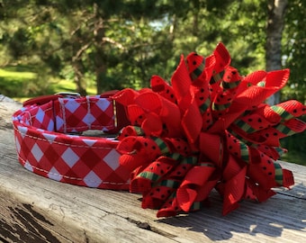 Gingham Dog Collar, Dog Collar, Summer Dog Collar, Picnic Dog Collar, Watermelon Dog Collar, Plaid Dog Collar, Bog Collar with Bow