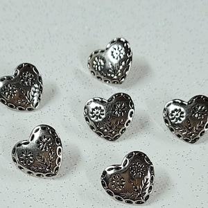 24 Vintage Stamped Floral Heart Shaped Shank Button, Vintage Folk Art Silver Colored Button