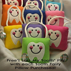 Tooth Fairy Pillow & Free Button, plush, embroidered comes with Lost my Tooth button, Tooth Pillow, Tooth Gift image 1