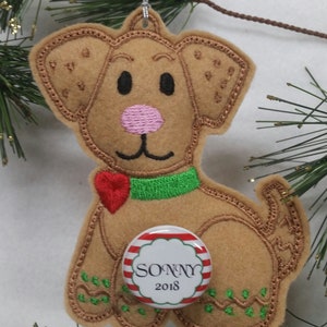 Personalized Embroidered Gingerbread Dog Ornament: Custom Felt Christmas Decor