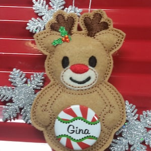 Personalized Felt Reindeer Christmas Ornament: Embroidered Holiday Hanger