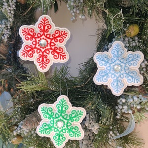 Handmade Embroidered Snowflake Ornament: Glittered Felt Christmas Decor
