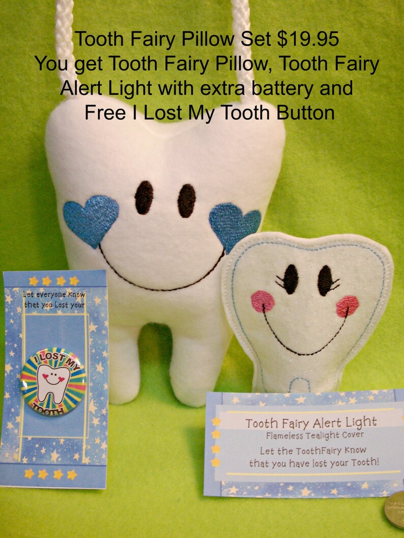 Tooth Fairy Pillow & Free Button, plush, embroidered comes with Lost my Tooth button, Tooth Pillow, Tooth Gift image 5