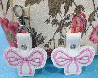 Embroidered Bow Purse Charm, Rhinestone Rivet, Key Fob