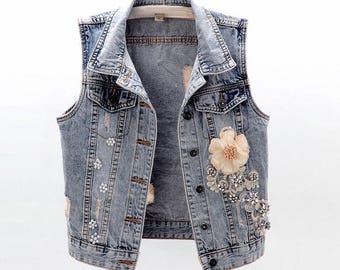 Handmade Denim Vest: Sleeveless Jean Jacket with Flower Detail
