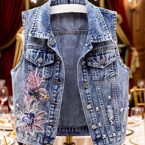 May include: A light blue denim vest with a classic collar and button-up front. The vest features intricate floral embroidery in pink, purple, and blue, along with pearl embellishments. It has two front pockets and a tailored fit.