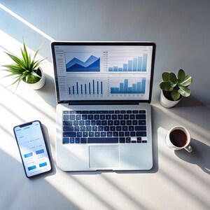 Peut inclure: Un ordinateur portable ouvert affiche des graphiques de données bleus, un smartphone, une tasse de café et deux petites plantes en pot sur une surface grise claire. L'écran de l'ordinateur montre des graphiques. Le smartphone affiche des données.