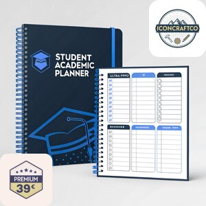 Puede incluir: Un planificador académico para estudiantes azul marino con encuadernación en espiral y una banda elástica azul. La portada presenta un gráfico de birrete y el texto "Student Academic Planner". El planificador abierto muestra un diseño detallado.
