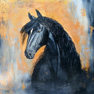 Black Stallion Horse Oil Painting on Canvas 60x60cm Original Hand Painted Artwork, Signed by Artist