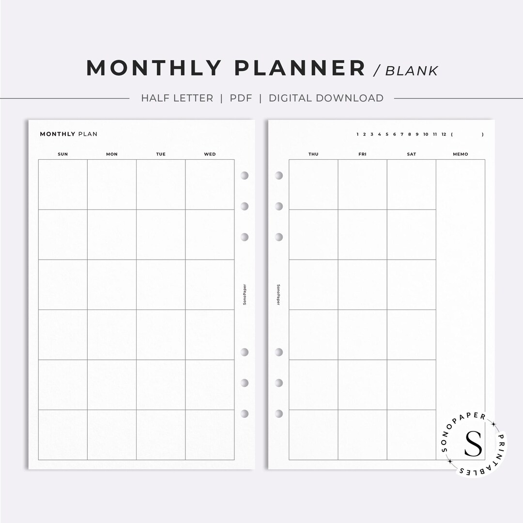 Half Letter | Monthly Planner Printable Insert, Month on 2 Pages, Blank ...