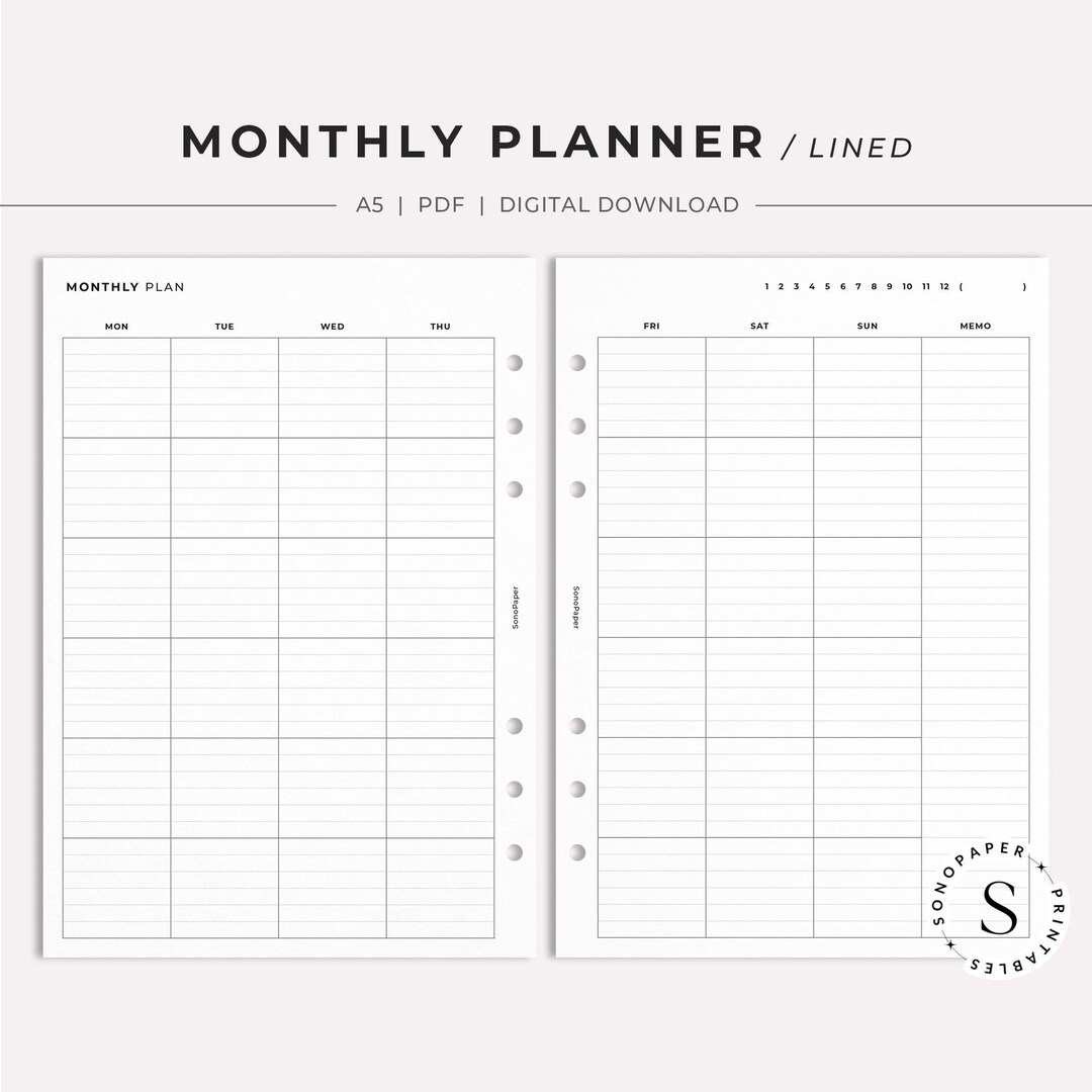 A5 | Printable Lined Monthly Planner Inserts, Month on 2 Pages, PDF ...
