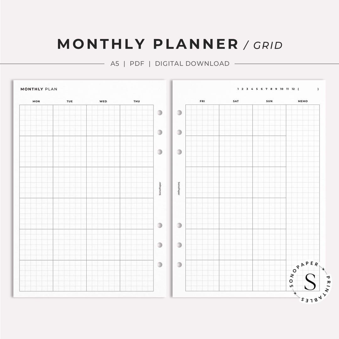 A5 Monthly Planner Printable Insert, Month on 2 Pages, Grid, PDF ...