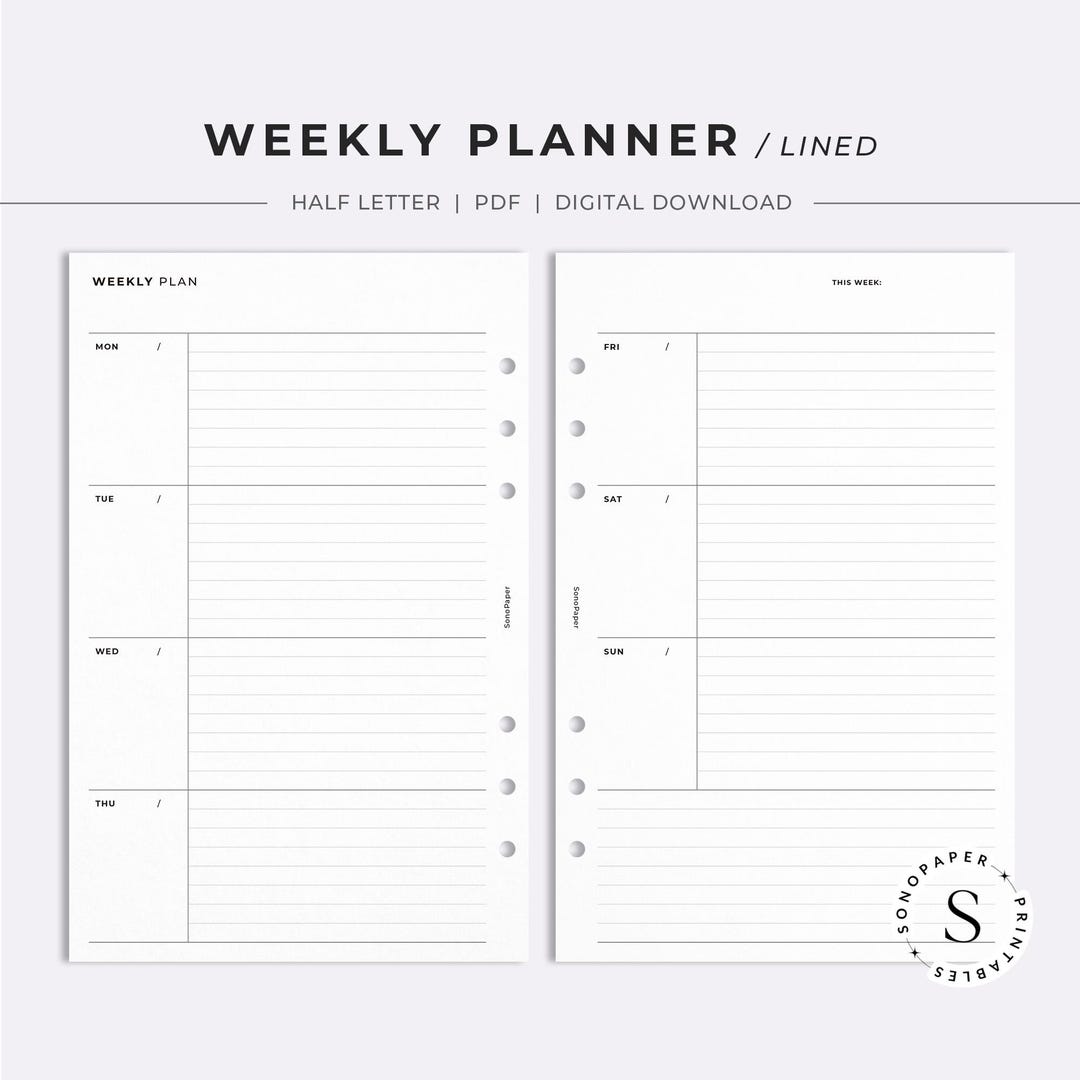 Half Letter Weekly Planner Insert | Lined, Minimalist (PDF Digital ...