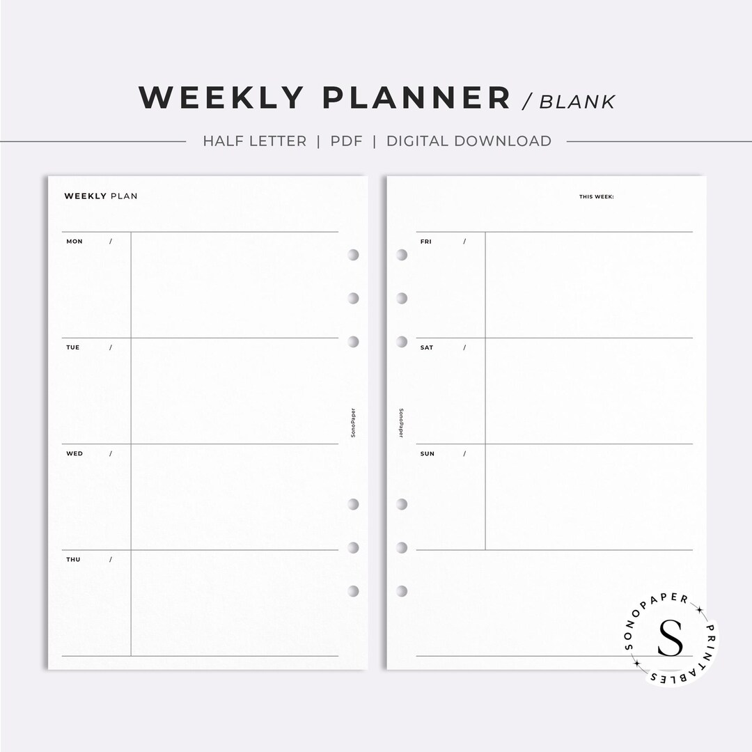 Half Letter | Weekly Planner Printable Insert, Week on 2 Pages, Blank ...