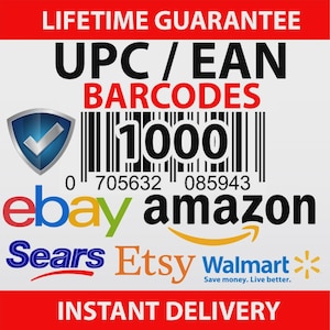 May include: Image with the text "LIFETIME GUARANTEE" and "INSTANT DELIVERY". It also features a barcode, the words "UPC / EAN BARCODES", and logos for eBay, Amazon, Sears, Etsy, and Walmart.