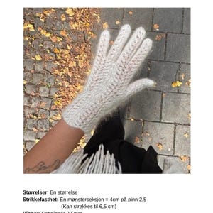 May include: A pair of light gray, open-weave gloves. The gloves are made of a soft, fuzzy material and have a delicate, lacy pattern. The word "Blondehansker" is written in red at the top of the image.