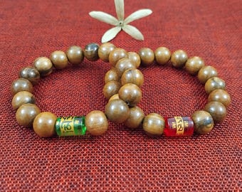 Aromatic Green Cypress Wood Bead Bracelet, Meditation Jewelry with Red or Green Charm, Prayer Mala Beads, 8mm, 10mm, 12mm or 14mm