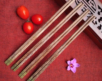 Set 5 or 10 Pairs Handmade Coconut Wood Chopsticks with Stainless Steel Tip, Natural Wooden Dining Utensils, Healthy Tableware