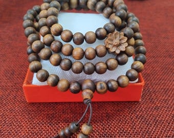 108 Natural Green Cypress Wood Prayer Bead: Buddhist Mala Necklace & Bracelet, Fragrant Wood with Lotus Charm, Feng Shui Gift, Free gift box