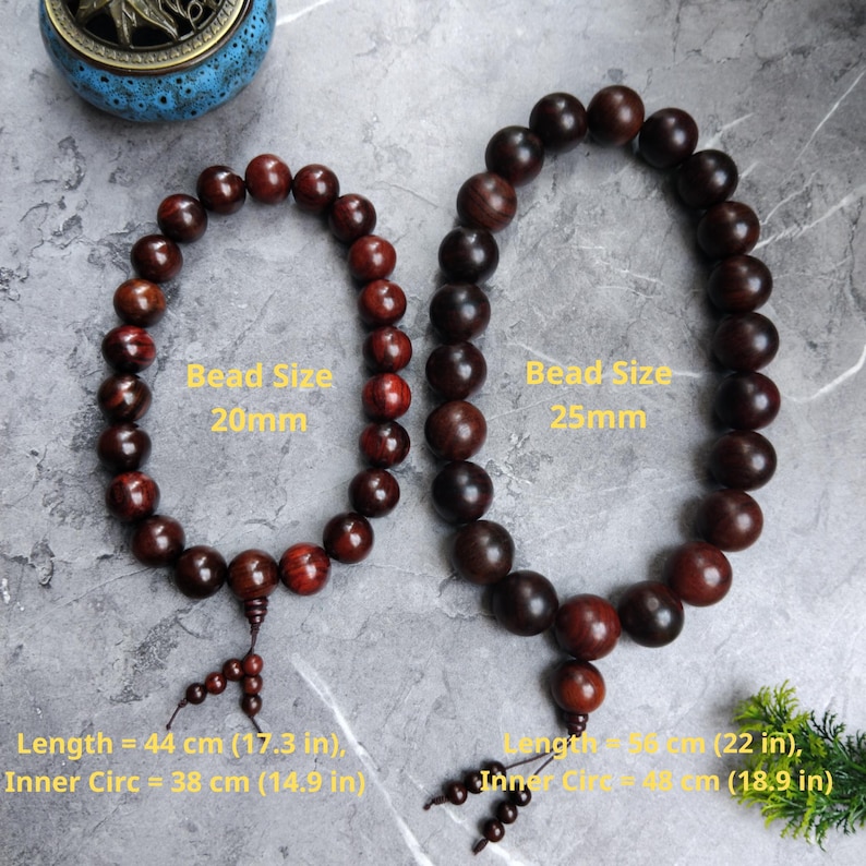 Gebedsmala met 21 kralen van 20 mm of 25 mm, gemaakt van natuurlijk rozenhout | Boeddhistische mala-armband | Donkerrood hout | Handgebedskralen Couple (20&25mm)