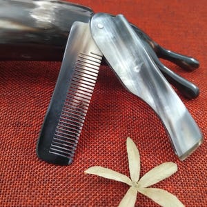 May include: A folding comb made of dark horn material, with a fine-toothed comb section and a hinged handle. The comb is open, revealing the teeth. The background is a textured red surface with a dried flower.