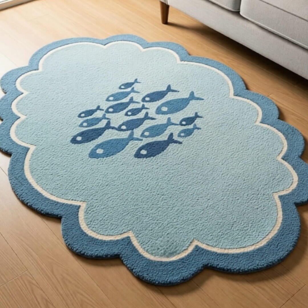 Hand Tufted Scalloped Blue Fish Area Rug, Coastal Ocean Theme Rug, Kids ...