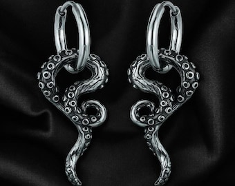 Pendientes de aro con tentáculos de pulpo – Aros de acero inoxidable con acabado plateado oxidado, joyería náutica gótica, regalo llamativo unisex
