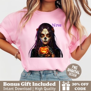 Day Of The Dead Girl png, suikerschedel vrouw met pompoen clipart, gepersonaliseerde Día De Muertos ontwerp voor Cricut