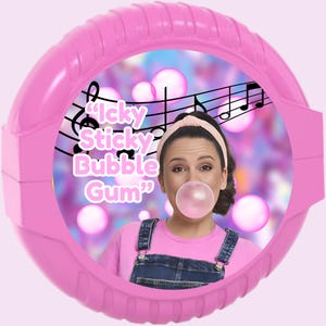 May include: A pink, circular frame surrounds a woman blowing a bubble gum bubble. The text "Icky Sticky Bubble Gum" is displayed, along with musical notes. The woman wears a pink shirt and denim overalls.