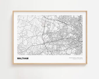 Waltham Landscape Map Print, Waltham Massachusetts Modern Map Poster, Waltham City Map, Waltham Home Decor, Waltham Map Decor Poster
