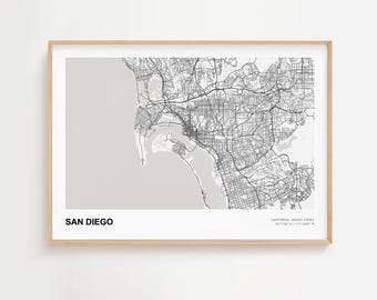サンディエゴの風景地図プリント、サンディエゴ カリフォルニアの現代地図ポスター、サンディエゴのミニマルマップ、サンディエゴの都市地図、サンディエゴのアートプリント