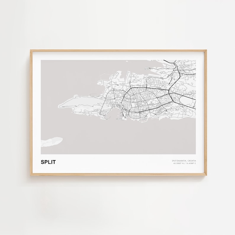 Split Landschaft Karte Drucken, Split Split Dalmatien moderne Karte Poster, Split Stadtplan, Split Karte Dekor Poster, Split Karte Druck Geschenk Bild 1
