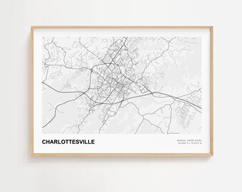 シャーロッツビルの風景地図プリント、シャーロッツビルバージニア州の現代地図ポスター、シャーロッツビルの室内装飾、シャーロッツビル市地図