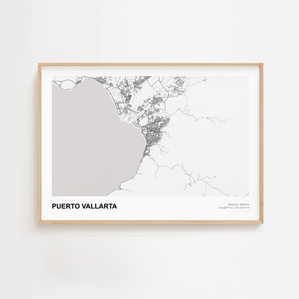 Puerto Vallarta Landscape Map Print, Puerto Vallarta Jalisco Modern Map Poster, Puerto Vallarta Framed Map Print, Puerto Vallarta Road Map