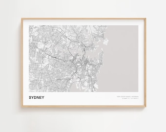Impression de carte paysage de Sydney, affiche de carte moderne de Sydney, Nouvelle-Galles du Sud, carte urbaine de Sydney, impression de carte encadrée de Sydney, carte des rues personnalisée de Sydney