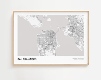 Impresión de mapa horizontal de San Francisco, póster de mapa moderno de San Francisco, California, impresión de mapa enmarcado de San Francisco, mapa de carreteras de San Francisco