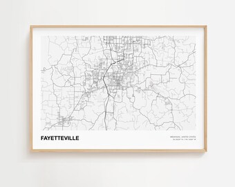 フェイエットビルの風景地図プリント、フェイエットビルアーカンソー州の現代地図ポスター、フェイエットビルの額入り地図プリント、フェイエットビルの都市地図