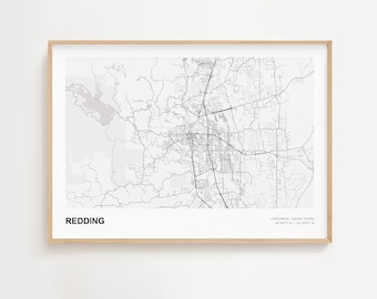 レディングの風景地図プリント、レディングのカリフォルニア現代地図ポスター、レディングの地図プリントギフト、レディングの額入り地図プリント、レディングのアートプリント