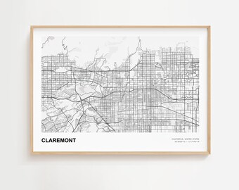 Impression de carte de paysage de Claremont, affiche de carte moderne de Claremont en Californie, impression de carte encadrée de Claremont, carte routière de Claremont, carte minimale de Claremont