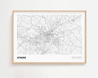 アテネの風景地図プリント、アテネ（ジョージア州）の現代地図ポスター、アテネの額入り地図プリント、アテネの壁アートポスター、アテネのアートプリント