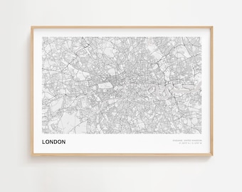 ロンドン風景地図プリント、ロンドンイングランド現代地図ポスター、ロンドン都市地図、ロンドンアートプリント、ロンドンカスタムストリートマップ、ロンドン道路地図