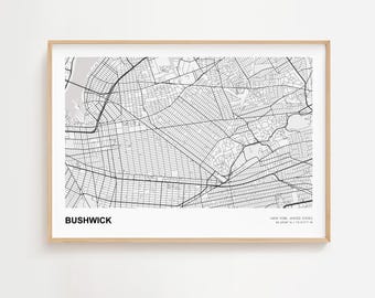 Impression de carte paysage Bushwick, affiche de carte moderne de Bushwick New York, carte de la ville de Bushwick, affiche déco carte de Bushwick, carte urbaine de Bushwick