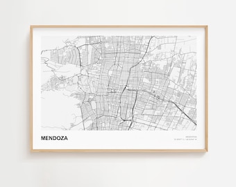 Impression de carte paysage de Mendoza, affiche de carte moderne de Mendoza Argentine, décoration d'intérieur de Mendoza, plan de la ville de Mendoza, impression d'art de Mendoza, carte routière de Mendoza