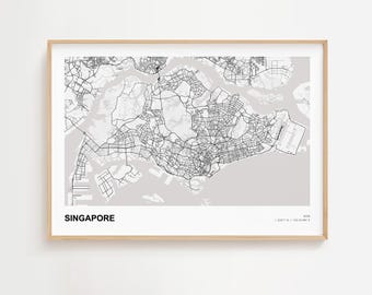 シンガポールの風景地図プリント、シンガポールのアジア現代地図ポスター、シンガポールの額入り地図プリント、シンガポールの道路地図、シンガポールの都市地図